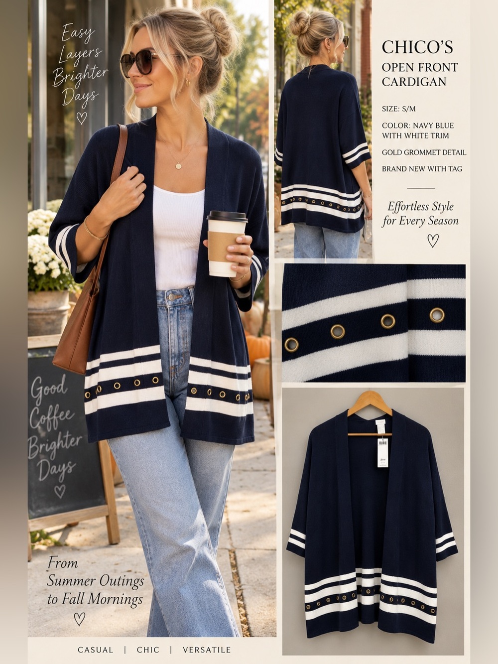 Chico’s Navy White Open Front Cardigan Gold Grommet Detail S/M NWT